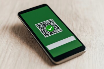 A smartphone displaying a green QR code with a checked mark on a wooden surface, symbolizing verification or access.