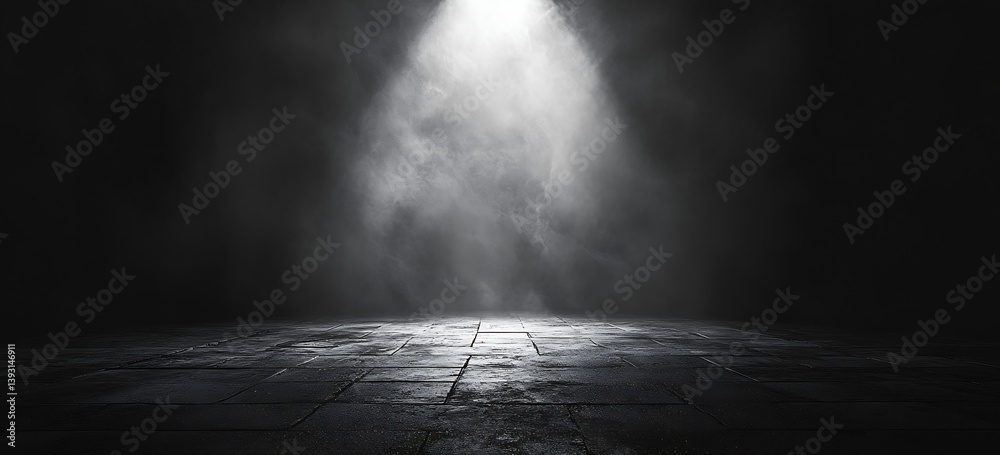 Poster dramatic spotlight on stage dark room with illuminated pavement texture and mystery ambiance : gener