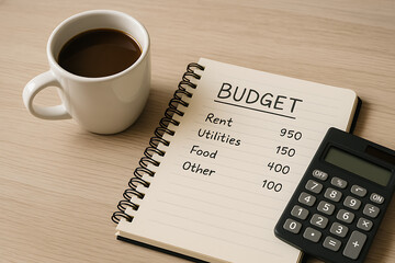 morning budget planning with coffee cup and calculator beside notebook listing expenses for rent utilities food and other essentials on wooden table for personal finance organization