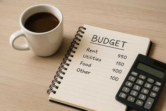 morning budget planning with coffee cup and calculator beside notebook listing expenses for rent utilities food and other essentials on wooden table for personal finance organization