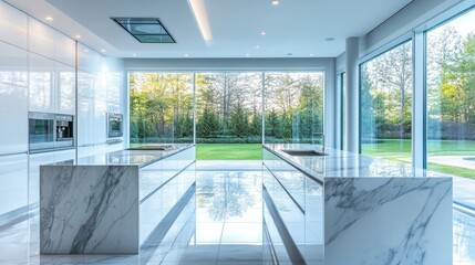 Fototapeta premium A sleek modern kitchen with marble countertops, minimalist design, and large windows letting in natural light