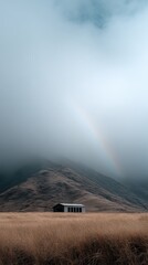 A small, charming house, partially obscured by mist, sits where the rainbow meets the earth - foggy whimsical beautiful surrealistic small