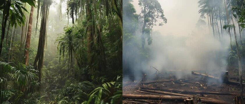 A split screen shows a thriving tropical rainforest on one side and a smoky, deforested area on the other. Concept of environmental destruction, deforestation awareness, and forest conservation.
