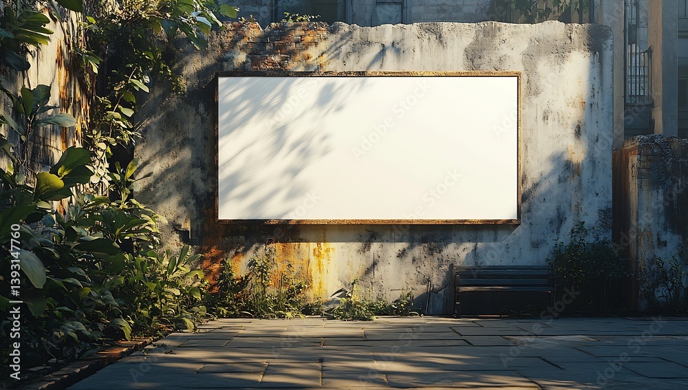 Aufkleber blank white sign on rustic wall with greenery outdoor advertising space empty billboard template moc