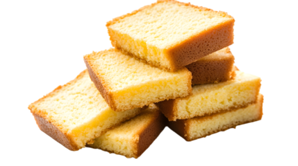 Stack of golden sliced moist butter cake isolated on white background