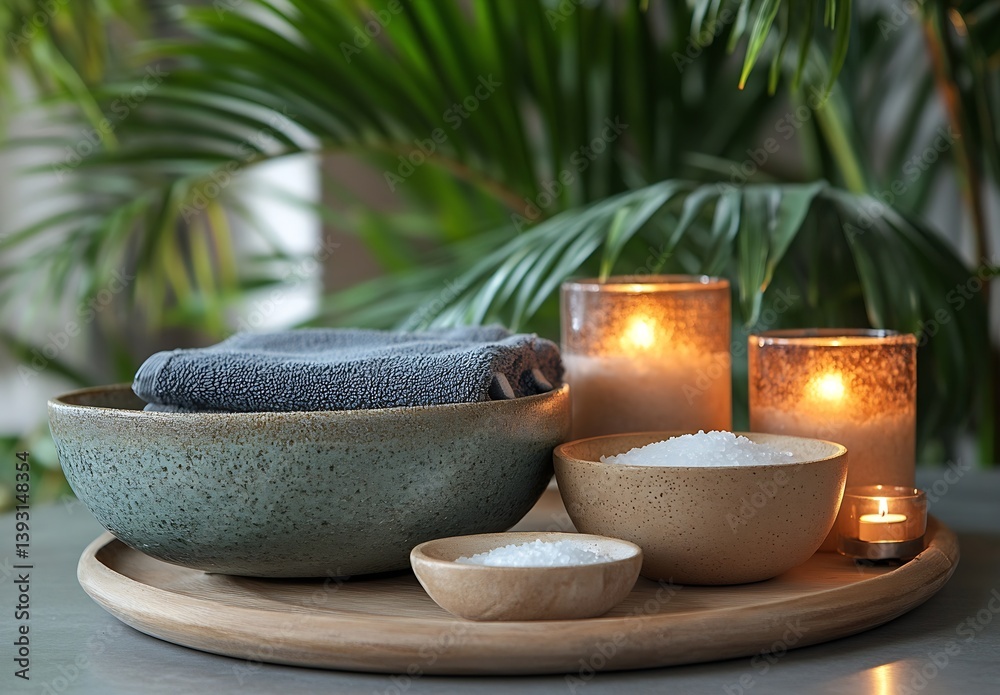 Poster serene spa scene towels candles and bowls on a wooden tray with lush greenery promotes relaxation an