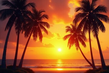 Tall palms framing a breathtaking golden sunset scene , nature, peaceful