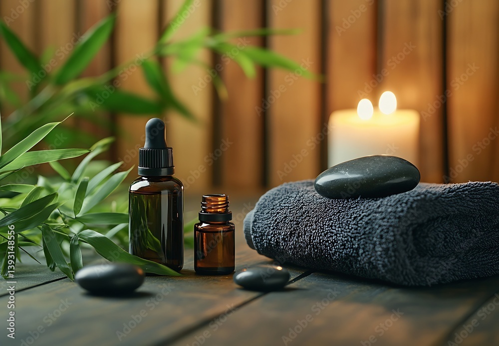 Poster relaxing spa setting with essential oils and smooth stones creating a tranquil atmosphere : generati