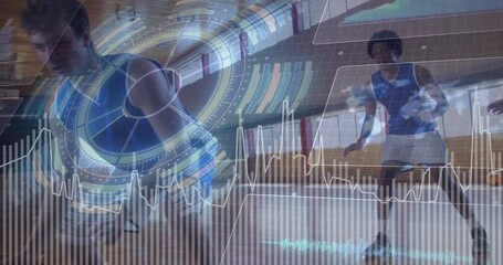 Athlete running in gym with digital data and graphics overlay animation - Powered by Adobe