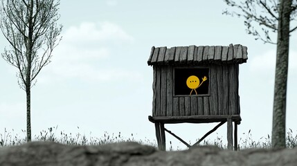 Naklejka premium Yellow Waving Figure in Rustic Wooden Cabin Amidst Tranquil Landscape of Trees and Grassy.