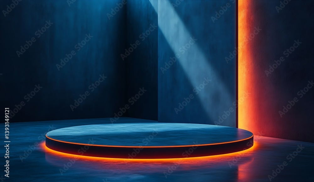 Poster round platform illuminated by striking orange light in a sleek blue environment ideal for presentati