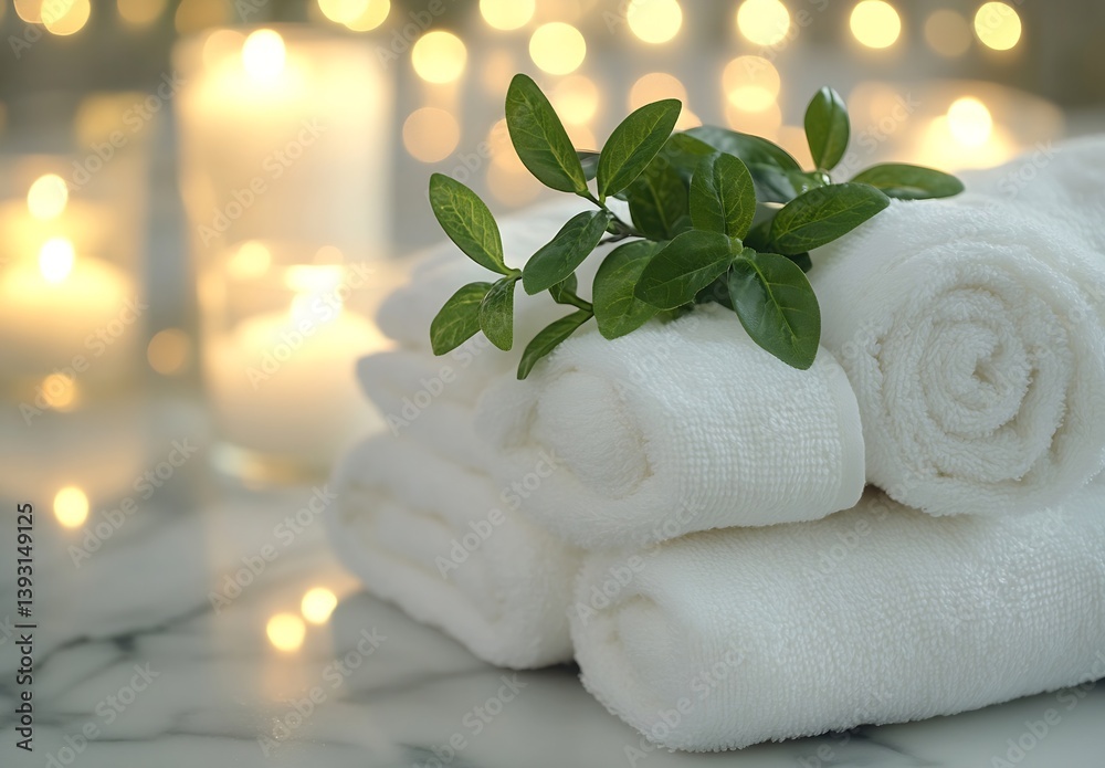 Poster Luxurious Spa Scene with Soft White Towels Greenery and Candles for Relaxation and Rejuvenation Experience : Generative AI