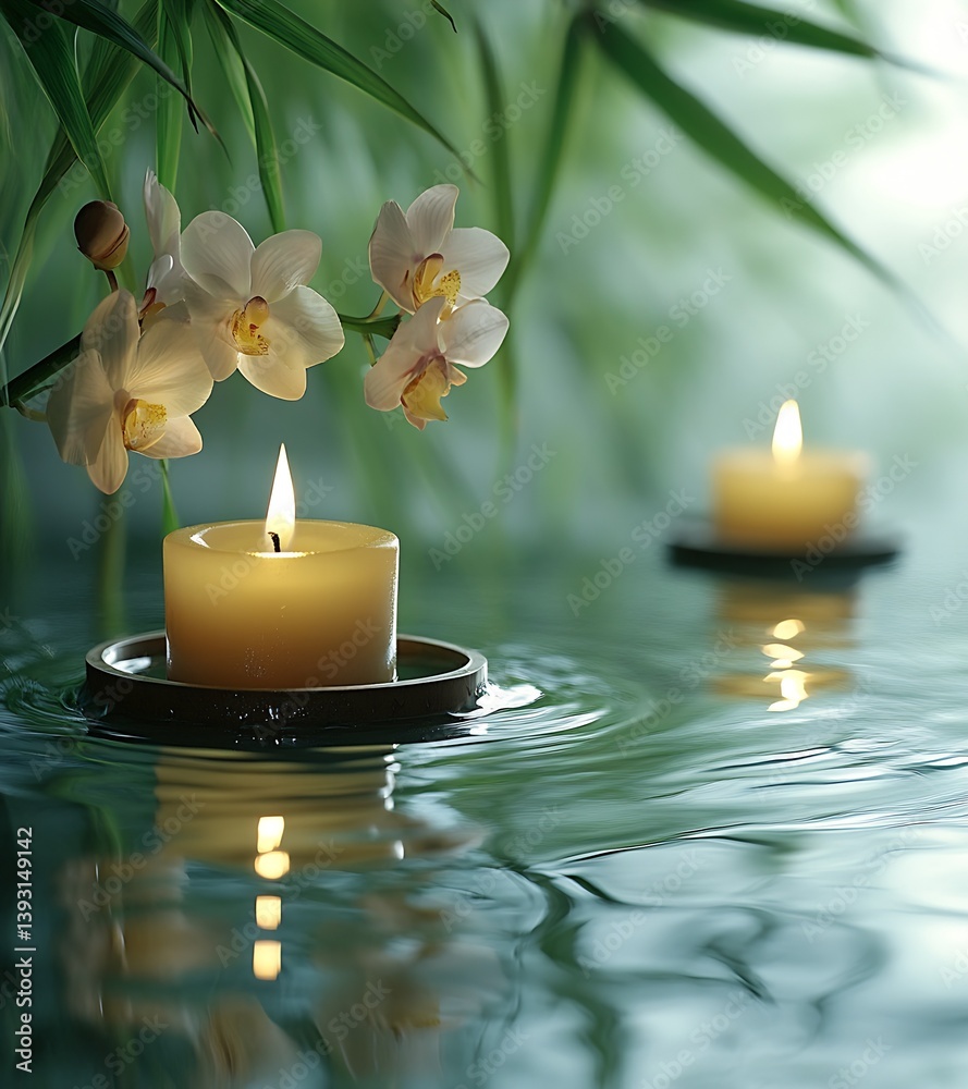 Fototapete tranquil scene of candles floating in a serene water setting adorned with delicate orchids : generat