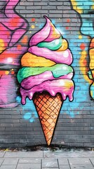 Vibrant street art mural of a colorful melting ice cream cone painted on a gray brick wall with splashes of turquoise, pink, and yellow urban background