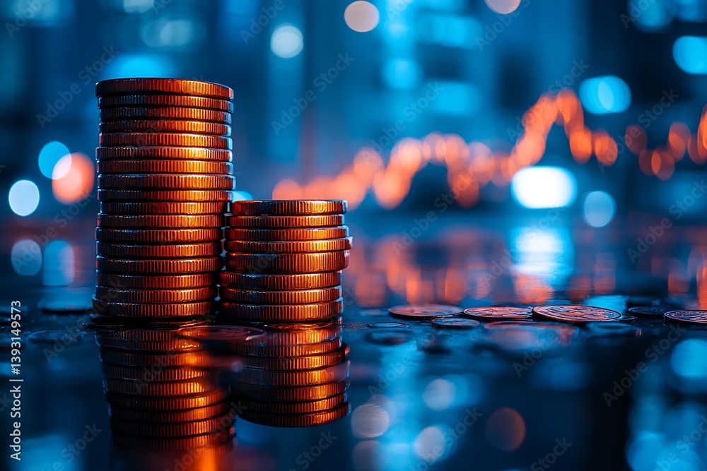 Aufkleber stack of copper coins with business graph in background financial investment and wealth growth conce