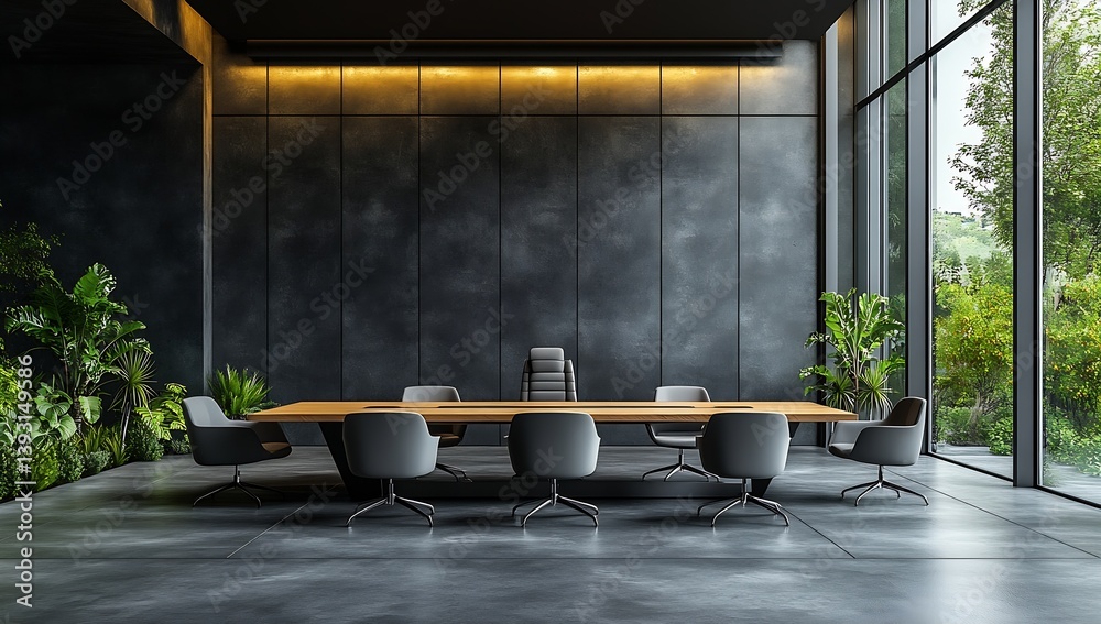 Aufkleber Modern Conference Room with Sleek Table and Chairs Against Dark Wall Enhanced by Plants and Window Views of Greenery : Generative AI