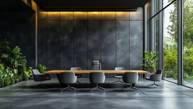 Modern Conference Room with Sleek Table and Chairs Against Dark Wall Enhanced by Plants and Window Views of Greenery : Generative AI