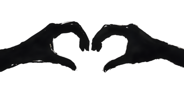 Two hands forming a heart shape in a gentle gesture, silhouetted against a white background.