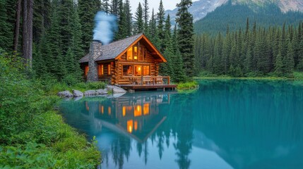 Fototapeta premium Cozy log cabin on tranquil alpine lake. Peaceful retreat nestled amidst towering pines. Warm interior glows invitingly. Reflecting in the serene water