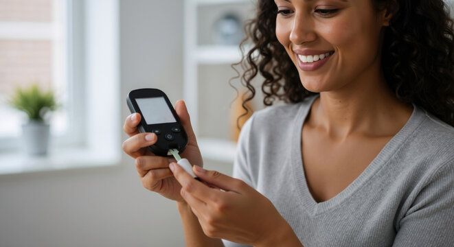 Smiling woman using glucose meter to check blood sugar levels. Health monitoring, diabetes management, medical device concept. Self-care, patient empowerment, chronic disease management.
