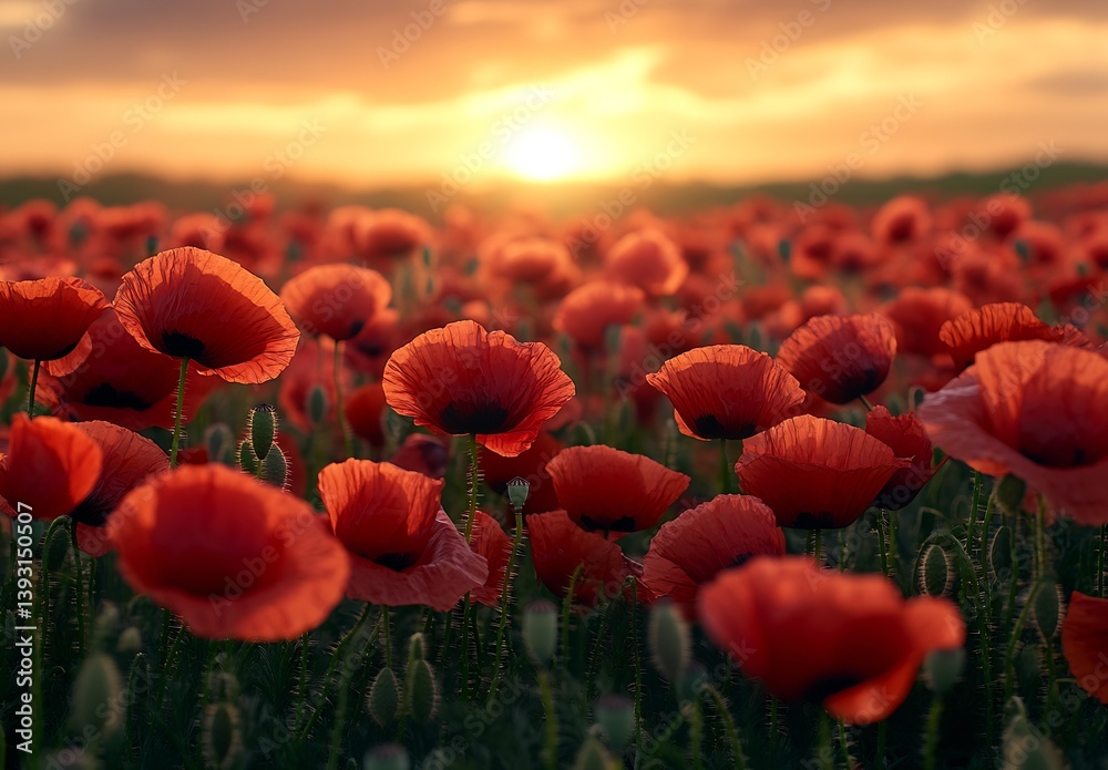 Poster striking sunset over a field of vivid red poppy flowers creating a dramatic and captivating view : g