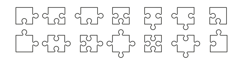 Puzzle piece. Jigsaw icon vector set. Puzzle element shape. Jigsaw piece section. Mosaic game join.