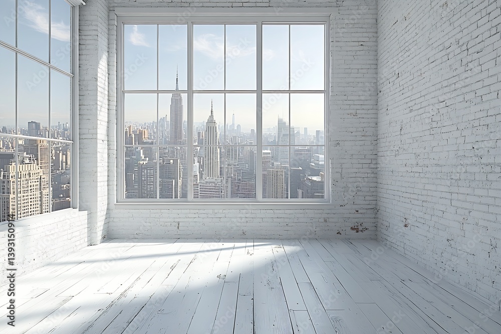 Poster empty white room with brick walls and city view loft apartment with large window real estate and int