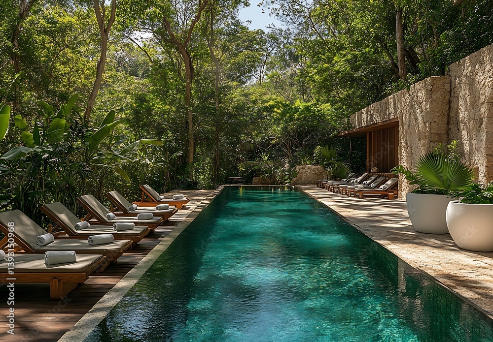 Poster serene poolside view surrounded by lush greenery creating a peaceful outdoor retreat atmosphere : ge