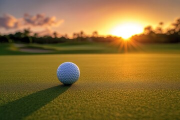 Golf ball on a putting green at sunset (1)