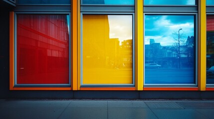 Vibrant urban architectural detail showcasing three windows with bold primary colors - red, yellow, and blue - reflecting city landscape and creating a striking geometric composition