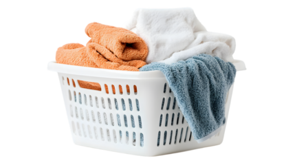 White plastic laundry basket overflowing with freshly washed towels isolated on white background