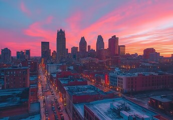 Naklejka premium Vibrant city skyline at sunset showcasing beautiful buildings illuminated by the warm glow of twilight : Generative AI