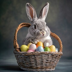 Adorable bunny in Easter basket filled with colorful eggs