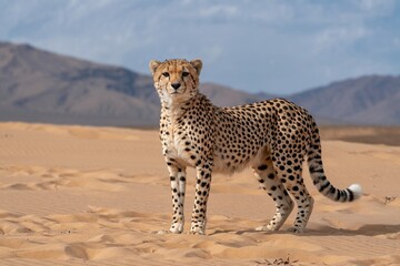 Majestic Cheetah Standing Tall In The Desert Landscape Wild Predator Portrait