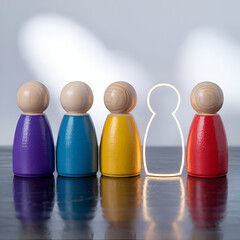 Teamwork Concept with Colorful Wooden Peg Dolls and Missing Member Silhouette on Glossy Black Surface  Symbol of Recruitment, Absence, or Diversity