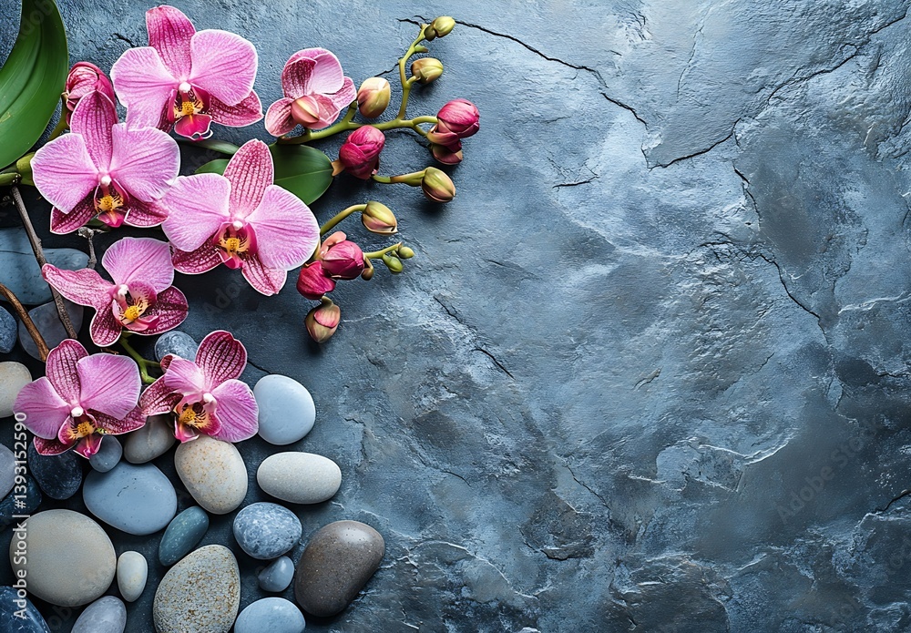 Aufkleber Elegant Pink Orchids on a Textured Stone Surface Creating a Calm Atmosphere : Generative AI