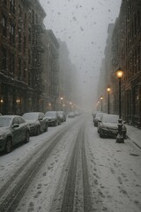 Snowy Street in a Bustling City With Pedestrians and Cars During Winter Weather Conditions