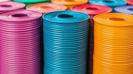 A vibrant display of colorful rolls, showcasing a variety of hues including pink, blue, and orange, stacked neatly in a visually appealing arrangement.