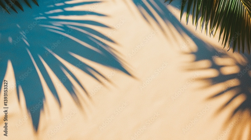 Wall mural serene tropical palm leaf shadows cast intricate patterns on soft sandy beach surface, creating a me