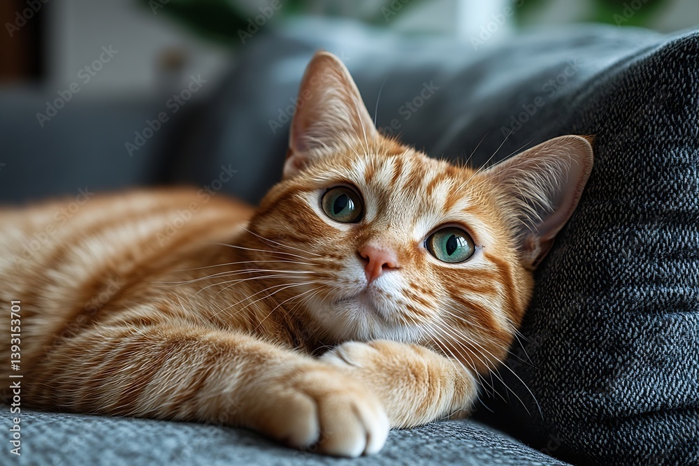 Poster adorable ginger tabby cat lounging on gray couch close up portrait of a relaxed feline friend : gene