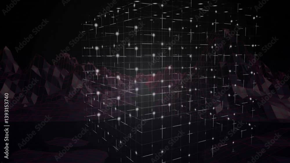 Poster floating glowing cube with grid pattern over mountainous landscape in animation