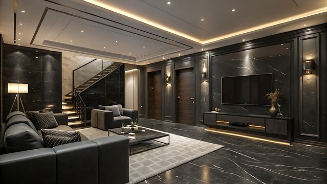 Luxury living room interior design with marble walls and flooring furniture and staircase lighting decor