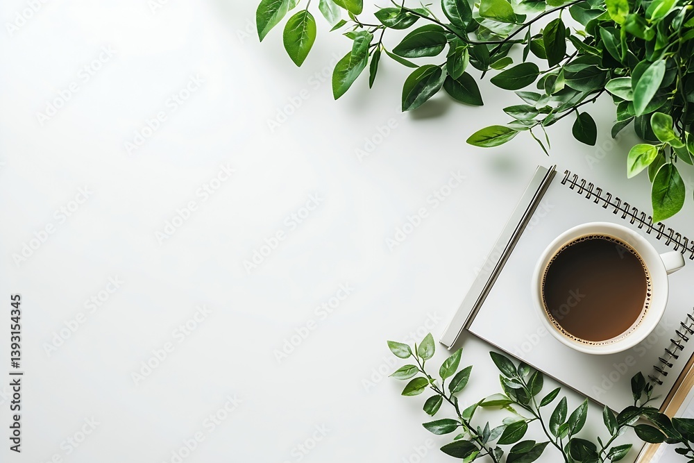 Aufkleber workspace top view coffee cup notepad surrounded by greenery plant office desk flat lay minimalist p