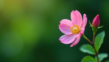 Fototapeta premium Single flower with delicate green stem and leaves, bloom, leafy, stem