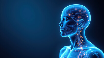 Image of a human head with an illuminated blue brain and glowing white lines representing neural activity, symbolizing VNS (Vagus Nerve Stimulation).