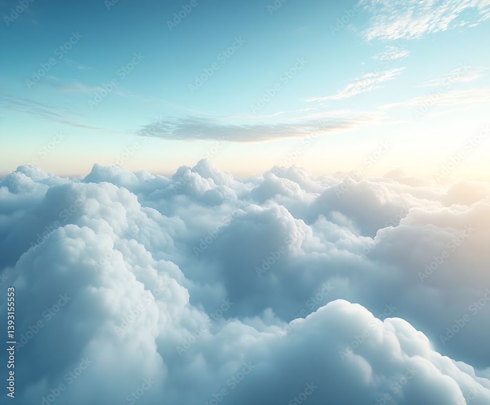 Poster above the clouds ethereal view of puffy white clouds against a bright blue sky serene and peaceful a