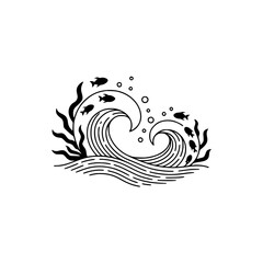 Minimalist Ocean Icon: Waves, Fish & Seaweed, Black & White Vector