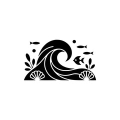 Minimalist Ocean Wave Icon with Fish & Seashells, Black on White