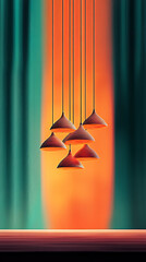 Hanging pendant lights glowing against a colorful background