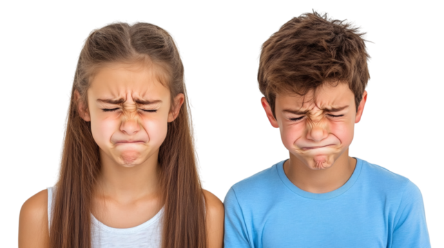 Portrait of sad girl and boy crying isolated on white background